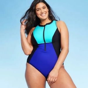 NWT Aqua Green One Piece Color Block Swimsuit